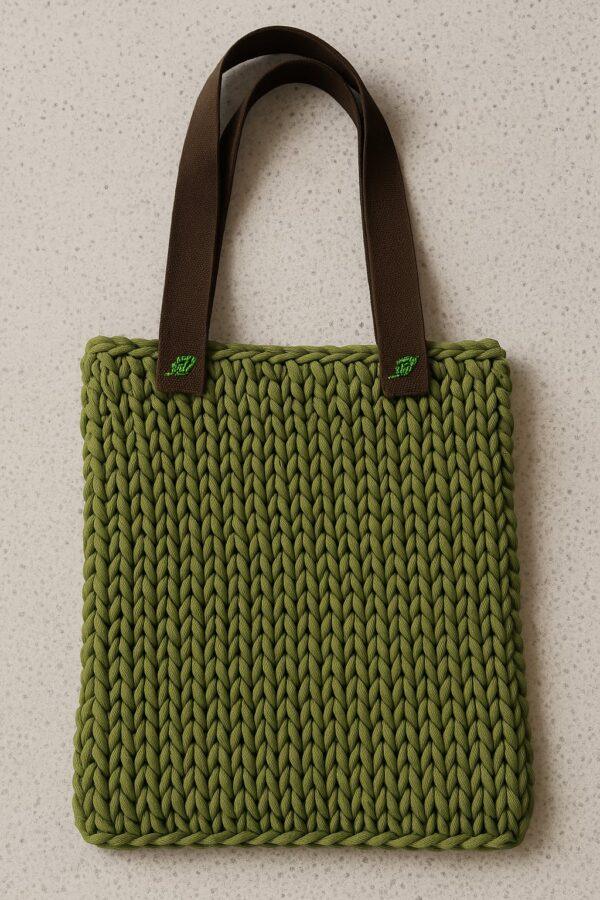Green knitted bag made from fabric scraps with brown straps on a beige background, stylish and functional.