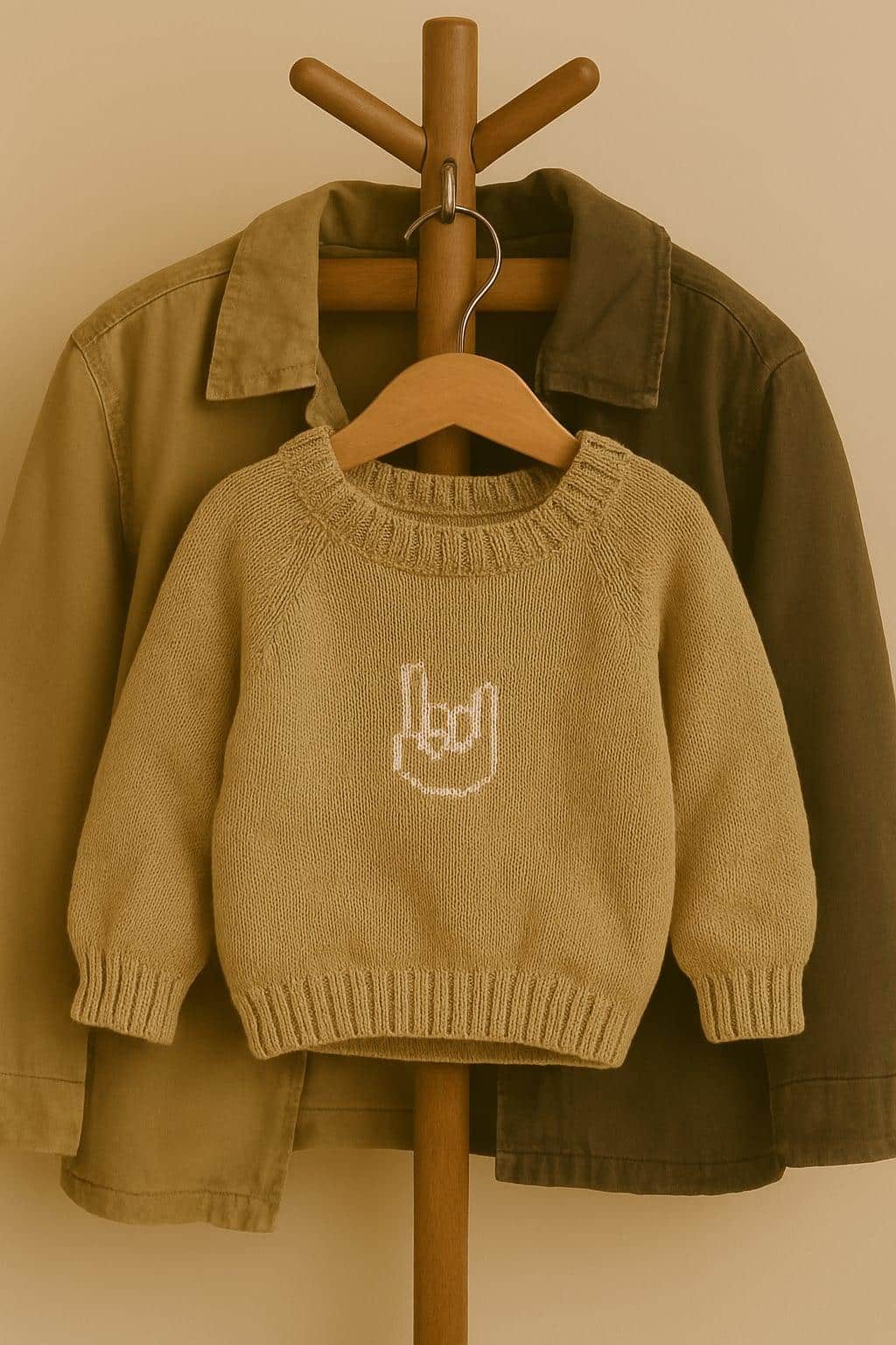 Børnesweater med symbol, hængende på tøjstativ sammen med en frakke. Behagelig og stilfuld børnemode.