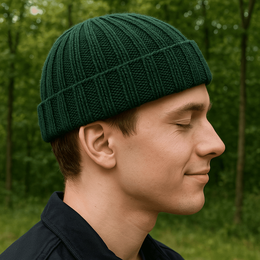 Hipster hue. Ung mand med lukket øjne iført en grøn strikhue står i skovens fredfyldte omgivelser.