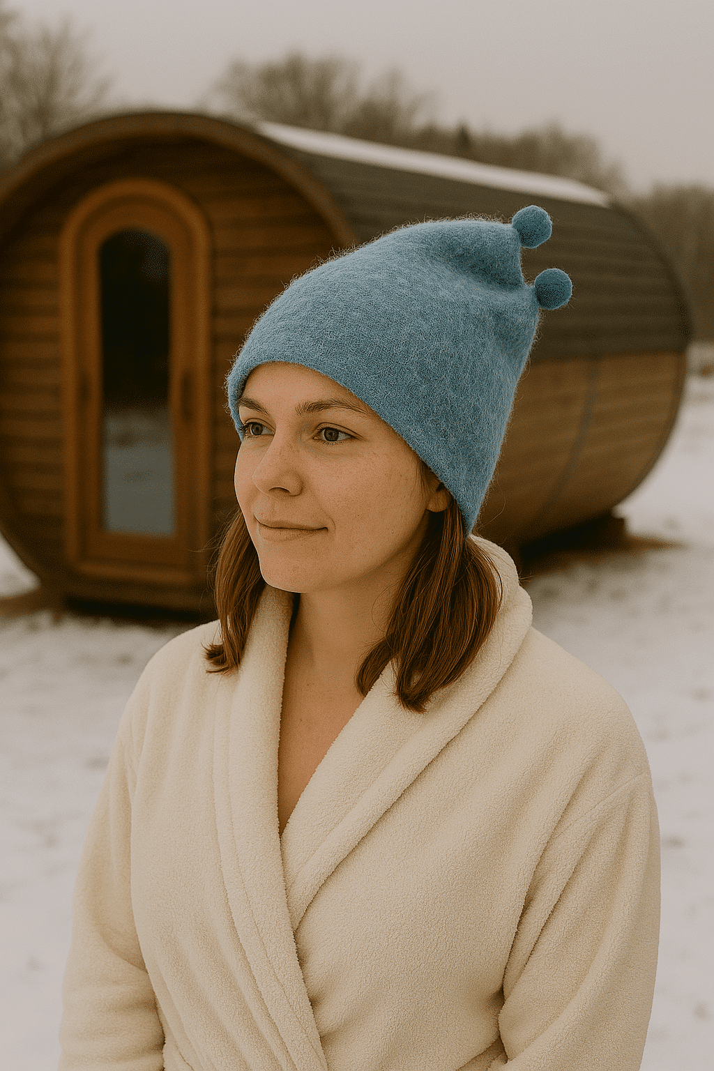 sauna hue. Pige med hue foran et sauna hus