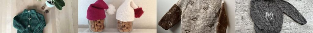 Strikkeopskrifter og hækleopskrifter. En collage af håndlavet tøj og accessories med en grøn sweater med knapper, to finurlige hatte og stilfulde sweatere med designs.