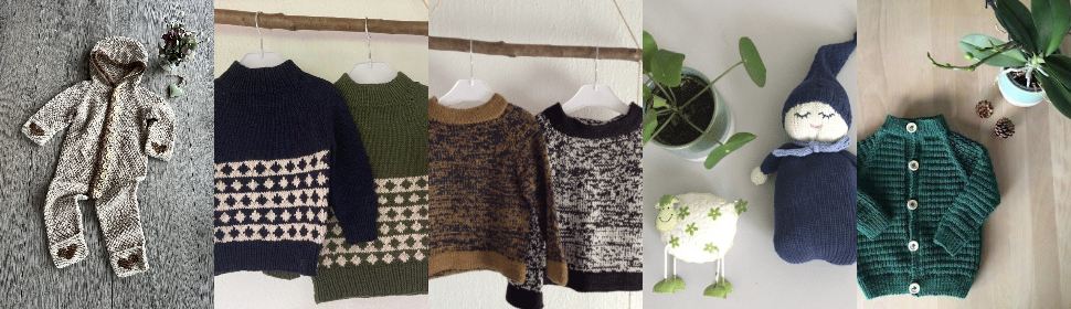 Strikkeopskrifter og hækleopskrifter. En collage af strikvarer: en heldragt med hætte, mønstrede sweatere og en grøn cardigan, sammen med en håndlavet dukke og planter.