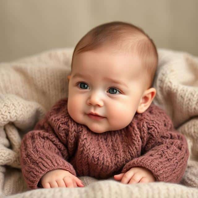 Strik til baby og børn. En smilende baby med brune øjne iført en hyggelig, strikket sweater, puttet ind i et blødt, tekstureret tæppe.